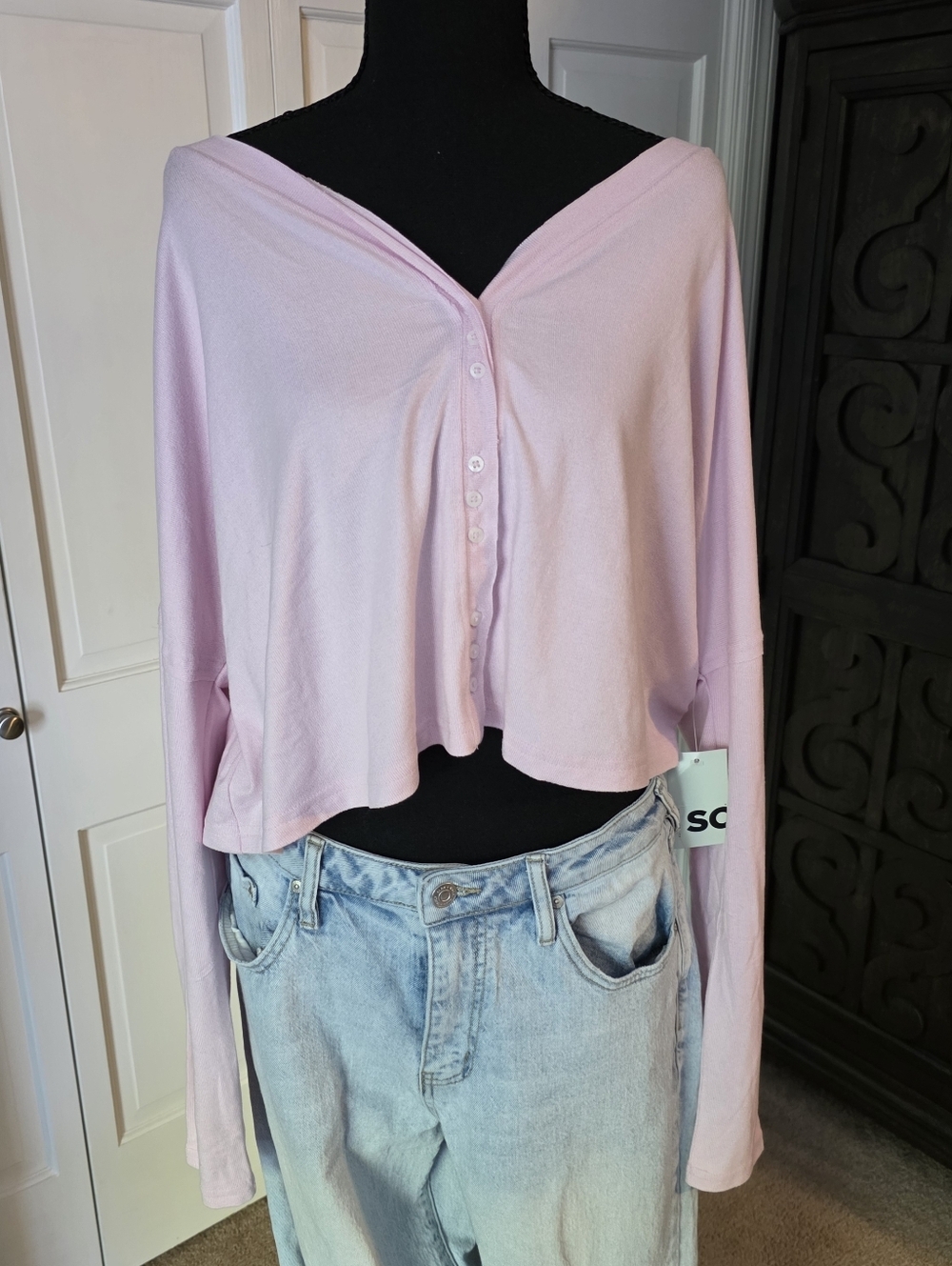 SO Pale Pink Cropped Button-Down Cardigan Baggy 90s Cozy Casual Feminine Slouchy